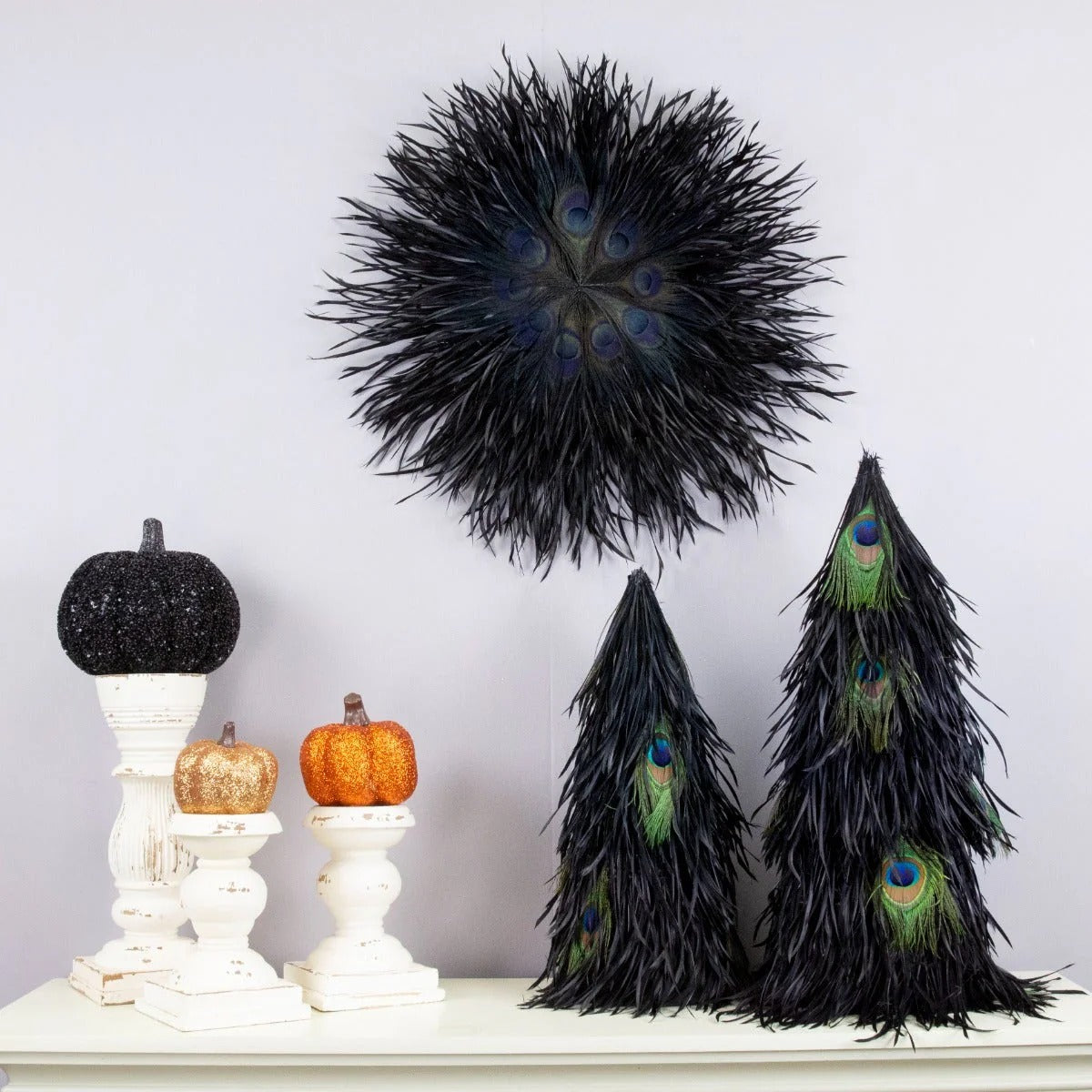 Emerald Gander Feather Art - 24" Dia Statement Wall Sculpture, 11.5" Wooden Medallion Core