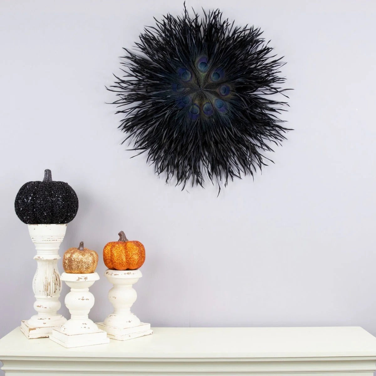 Emerald Gander Feather Art - 24" Dia Statement Wall Sculpture, 11.5" Wooden Medallion Core